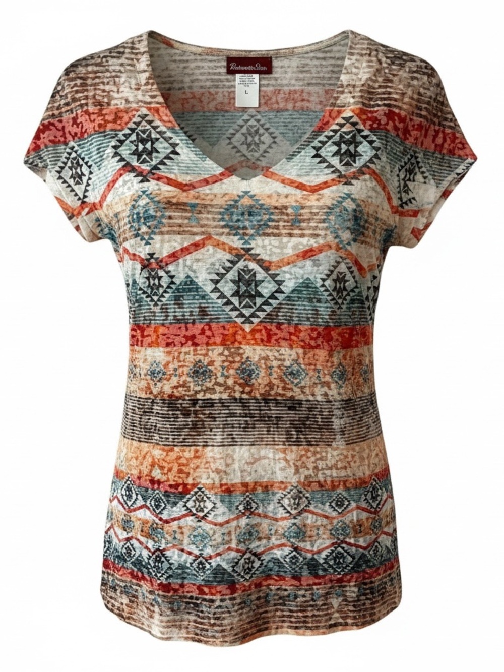 Printed V-Neck Short Sleeve Top - Multi-Color Aztec